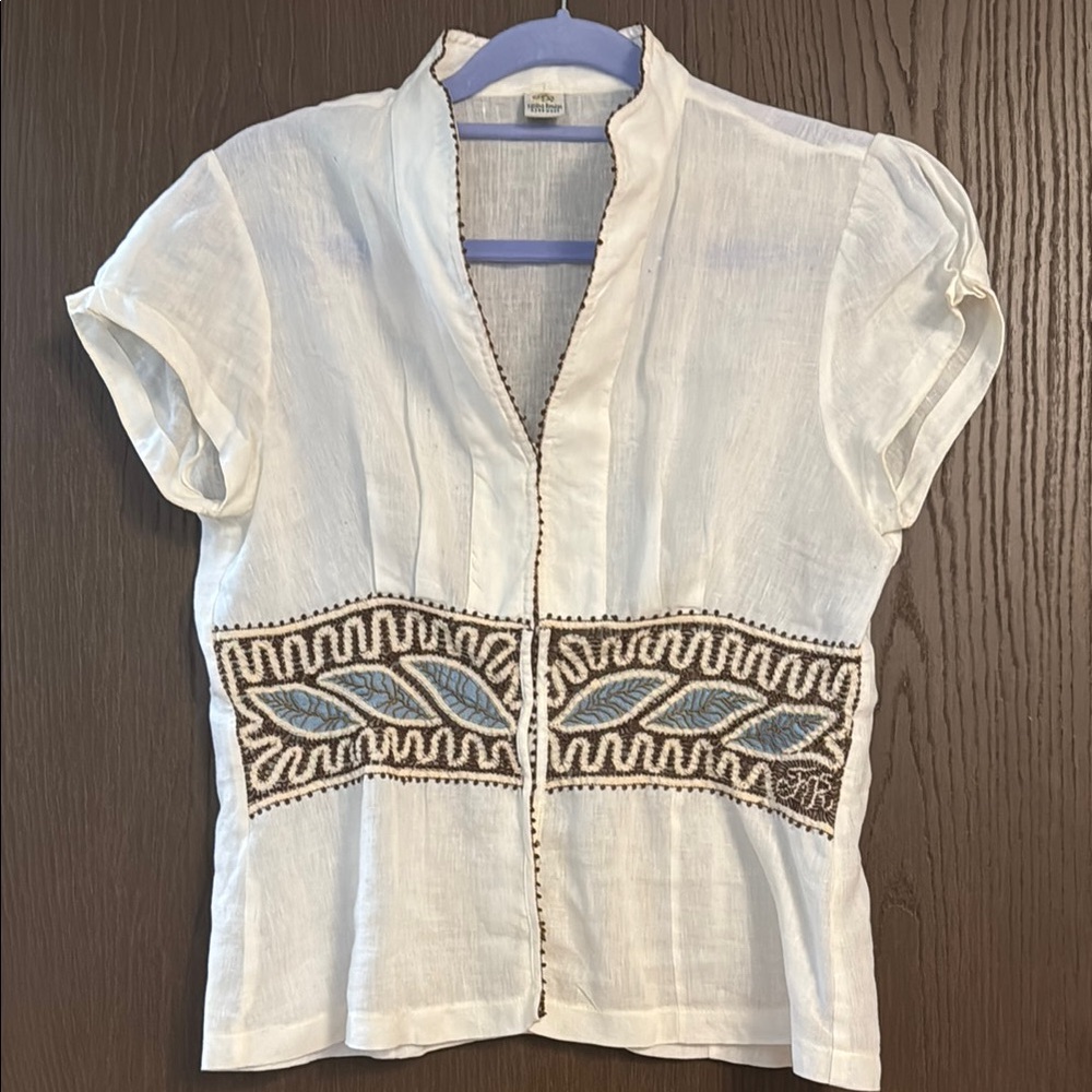 Handmade Embroidered White Linen Top with Blue and Brown Accents